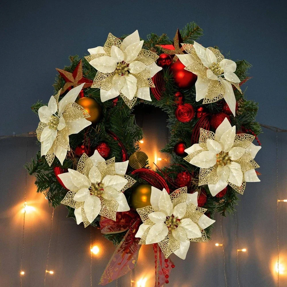 12pc Champagne Gold Glitter Poinsettia Christmas Tree Ornaments with Clips 8.7in